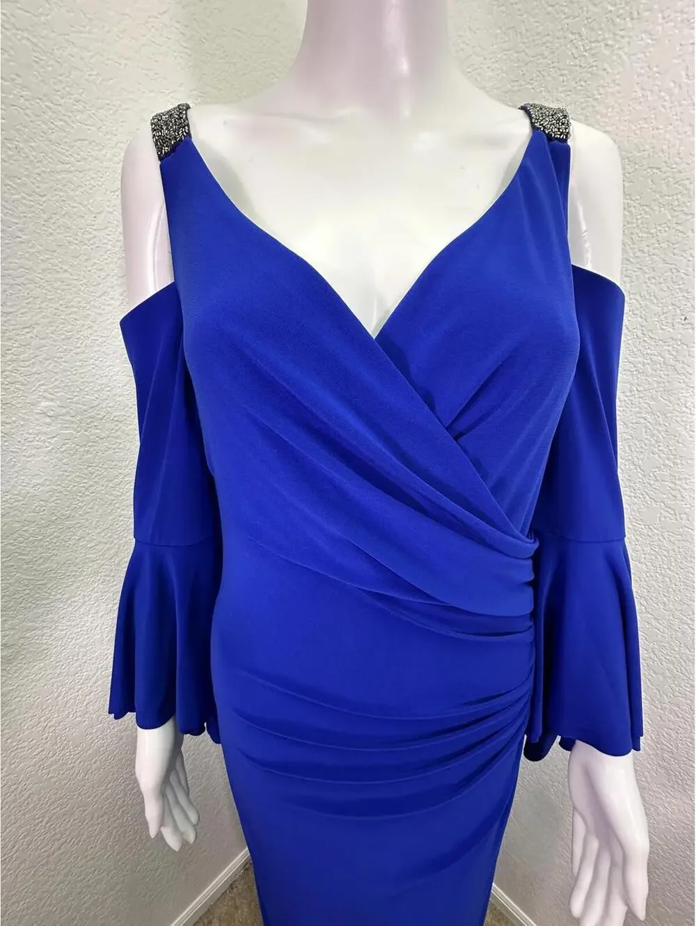 Sz 18 Lauren Ralph Lauren Royale Blue Cold Shoulder Ruched Bell Sleeves Gown - Picture 3 of 9